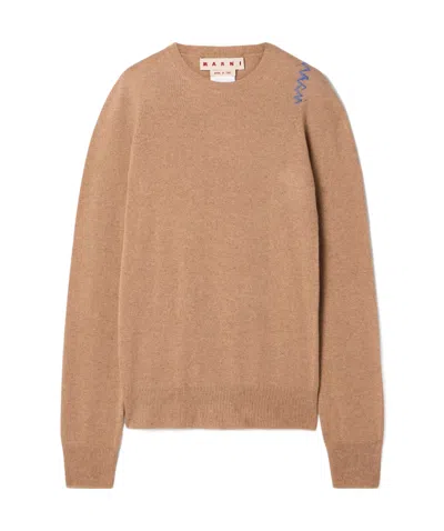 Marni Embroidered Wool And Cashmere-blend Sweater In Brown