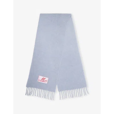 Marni Mens Brand-patch Fringed Wool-blend Scarf Iris Blue Melang In Iris Blue Melange