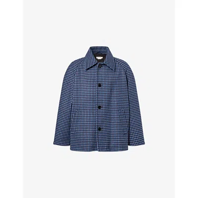 Marni Mens Blublack Check-print Relaxed-fit Wool Jacket In Blue