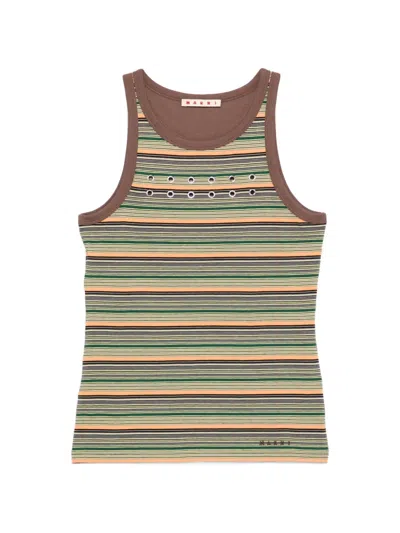 Marni Eyelet-embellished Striped Tank Top In Brown