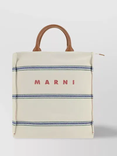 Marni Fabric Embroidered Shoulder Bag With Leather Handles In Beige
