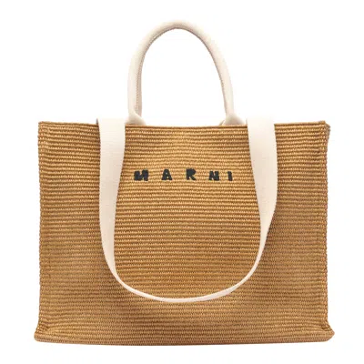 Marni Fabric Rafia Effect Shopping Bag In Beige