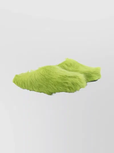 Marni Faux Fur Round Toe Slippers With Heel In Green