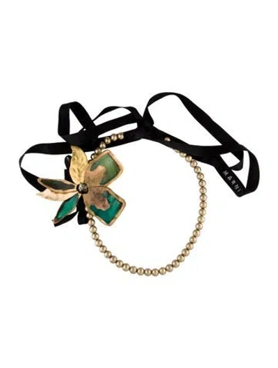 Pre-owned Marni Faux Pearl, Horn & Ribbon Flower Necklace, 78.5" In Multi