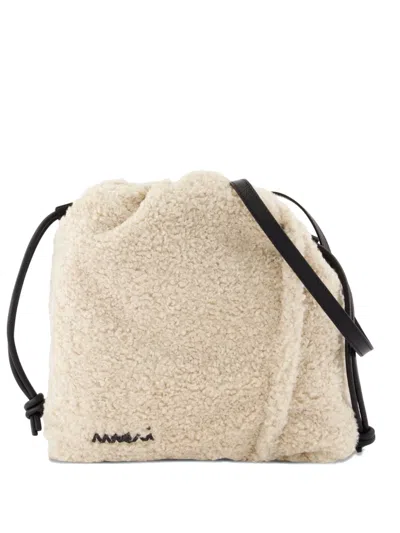 Marni Faux-shearling Drawstring Crossbody Bag In White