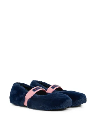 Marni Kids' Faux-fur Elasticated-strap Ballet Flats In Blue