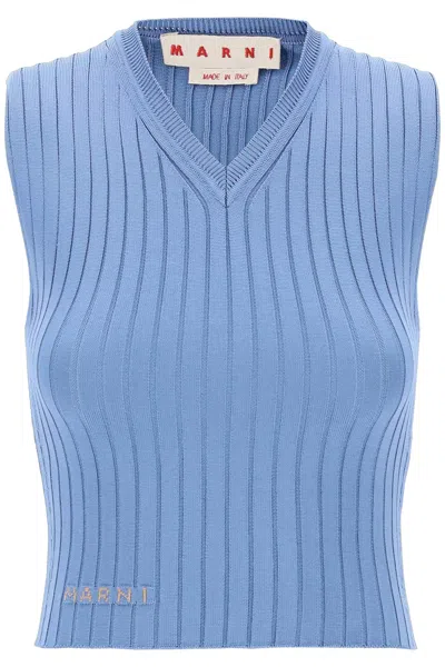 MARNI FITTED V-NECK TOP IN LIGHT BLUE