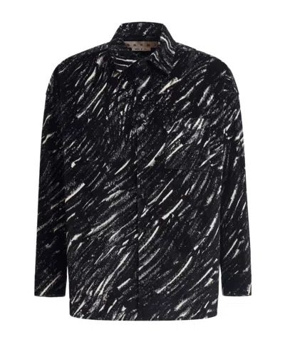 Marni Flocked Denim Oversized Shirt With Crayon Print In Black