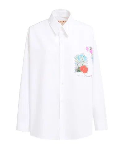 Marni Floral-appliqué Cotton Shirt In White