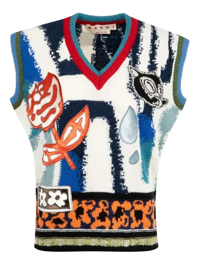 Marni Floral-applique V-neck Sweater In Multi