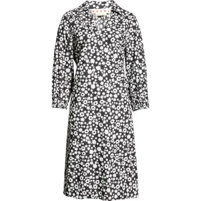 Marni Floral Cotton Poplin Shirtdress In Black