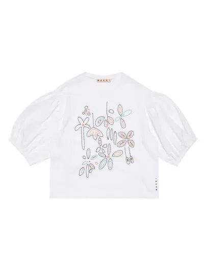 Marni T-shirt Mit Blumenstickerei In Weiss
