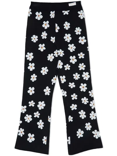 Marni Kids' Floral-intarsia Knit Trousers In Black