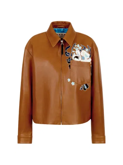 Marni Brown Leather Overshirt With Flower Intarsia