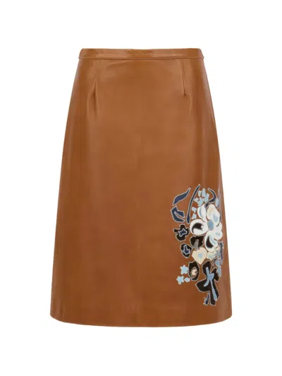 Marni Brown Leather Skirt With Flower Intarsia