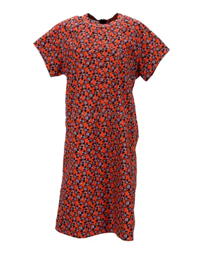 Marni Floral Knee-length Shift Dress In Orange Cotton In Red