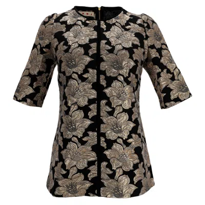 Marni Floral Lurex Jacquard Short Sleeve Blouse In Black Cotton