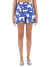 Marni White Cotton Gabardine Shorts With Floral Motif In Blue