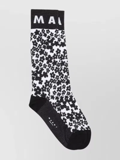 Marni Floral Pattern Ribbed Cuffs Lingerie Socks In Black