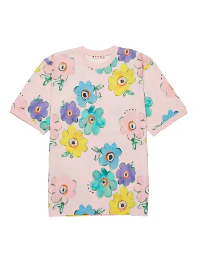 Marni Kids Allover Floral Printed Crewneck T-shirt In Pink