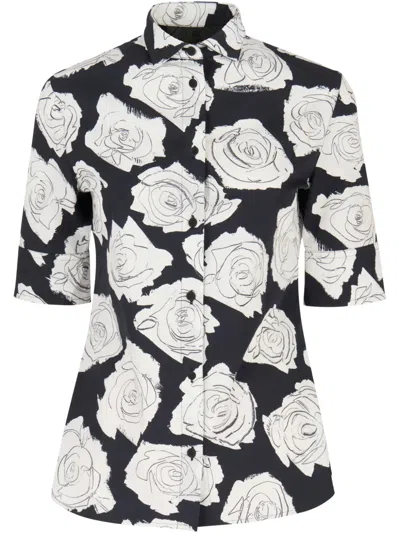 Marni Black Poplin Short-sleeve Shirt With Luna Print In White