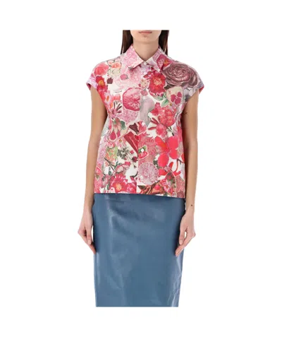 Marni Floral-print Cap-sleeve Shirt In Blue