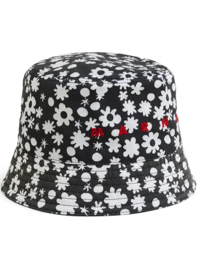 Marni Floral-print Cotton Bucket Hat In Black