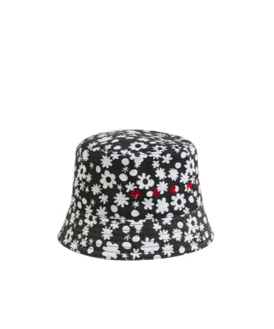 Marni Floral-print Cotton Bucket Hat In Black