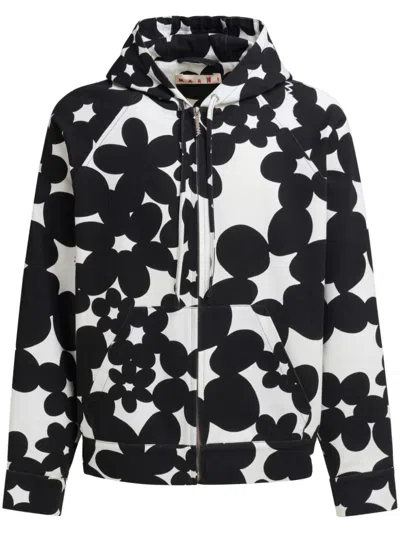 Marni Floral-print Cotton Hoodie In Black