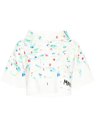 Marni Short-sleeved Splash Cropped Fit Hoodie In White