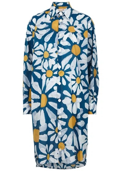 Marni Floral-print Cotton Shirt Dress In Blue