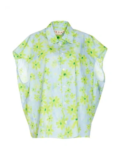 MARNI LIGHT BLUE FLORAL COTTON COCOON SHIRT FOR WOMEN
