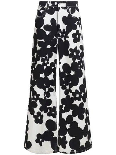Marni Floral-print Flared Trousers In Black