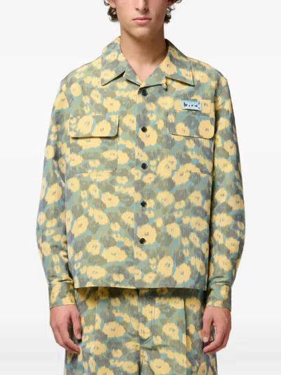 Marni Green Linen Blend Shirt With Blurry Floral Print In Multi