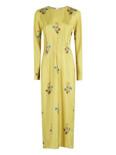Marni Long Dress With Floral Print In Yellow