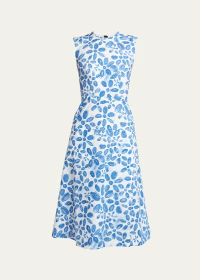 Marni Floral Print Midi Dress With Hand-stitched Logo Embroidery In Iris Blue