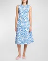 Marni Floral Print Midi Dress With Hand-stitched Logo Embroidery In Iris Blue