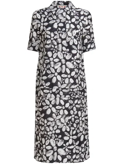 Marni Floral-print Midi Shirt Dress In Black