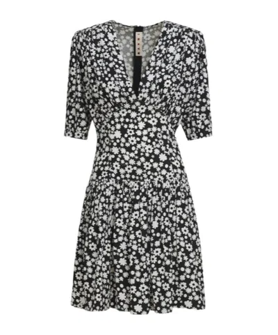 MARNI BLACK AND WHITE SHORT SATIN DRESS WITH POP FIELDS MOTIF