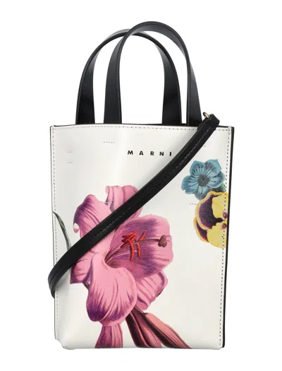 Marni Floral Print Nano Handbag By A Renowned Fashion House In Lily_white/pink/black