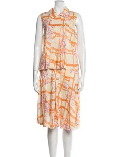 Pre-owned Marni Floral Print Pleated Accents Skirt Set In Orange