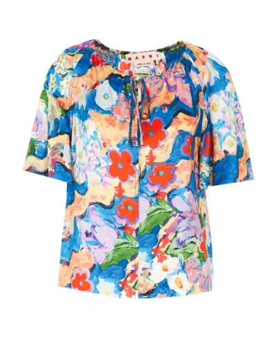 Marni Floral-print Short-sleeve Blouse In Multicolor