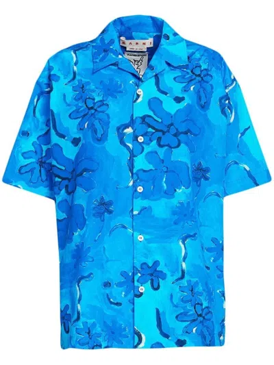 Marni Floral-print Short-sleeve Shirt In Blue