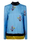 Marni Floral Satin Long Sleeve Top With Keyhole In Blue