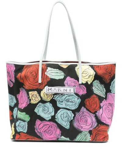 Marni Floral-print Tote Bag In Black