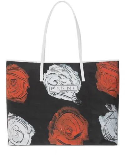Marni Floral-print Tote Bag In Black
