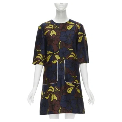 Pre-owned Marni Floral Print Wool Silk Crepe Patch Pocket Boxy A-line Dress It38 Xs In Black