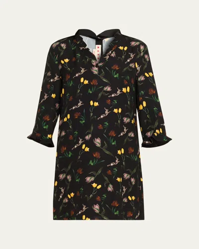 Marni Floral Ruffle 3/4-sleeve Mini Dress