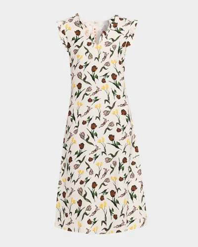 MARNI FLORAL RUFFLE V-NECK MIDI DRESS