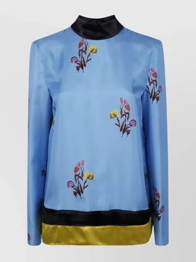 MARNI FLORAL SATIN LONG SLEEVE TOP WITH KEYHOLE